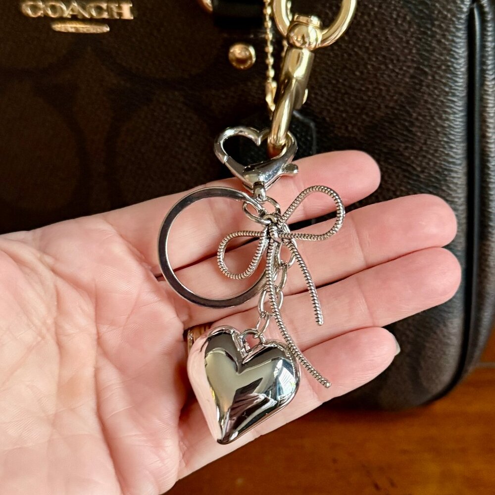 NEW Silver Toned-Heart and Bow Keychain Purse Charm